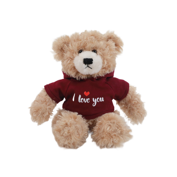 12" Sitting Brandon Bear in Love Hoodie, Featuring Soft Fur and a Cute Love Hoodie Design by Plushland.