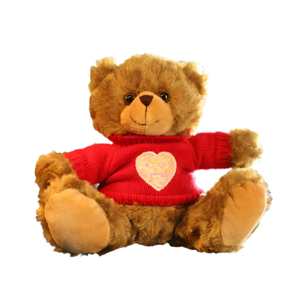 11" Sitting Mocha Bear in Sweater, Featuring Soft Fur and a Cozy Sweater Design by Plushland.