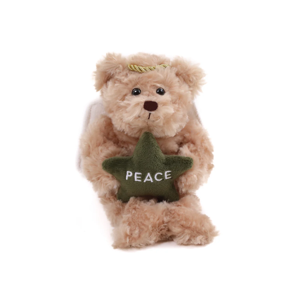 6" Sitting Star Angel Bears Beige Plush Toy, Angel Wings and  Holding a Star with 'Peace' Inscription by Plushland.