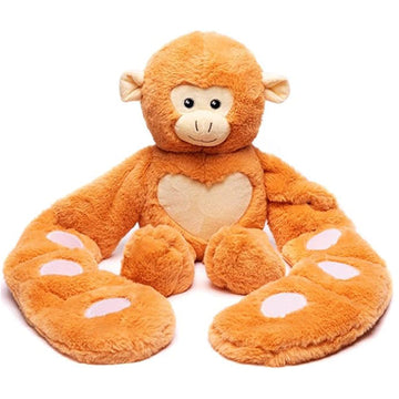 Weighted plush monkey hugger toy sitting upright facing front on a white background