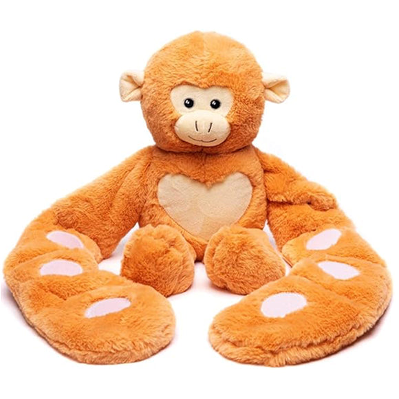 Weighted plush monkey hugger toy sitting upright facing front on a white background
