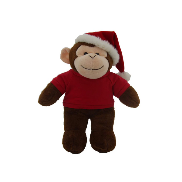 12" Standing Personalized Plush Monkey with Festive Hat and Red Shirt, Design by Plushland.