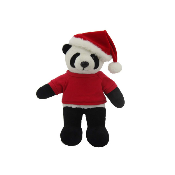 12" Standing Personalized Plush Panda with Festive Hat and Red Shirt, Design by Plushland.