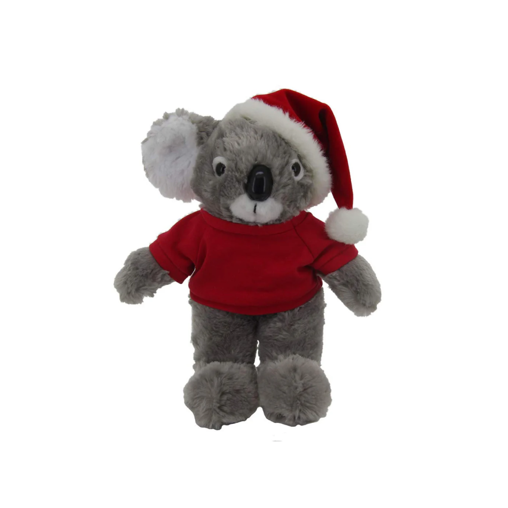 12" Standing Personalized Plush Koala with Festive Hat and Red Shirt, Design by Plushland.