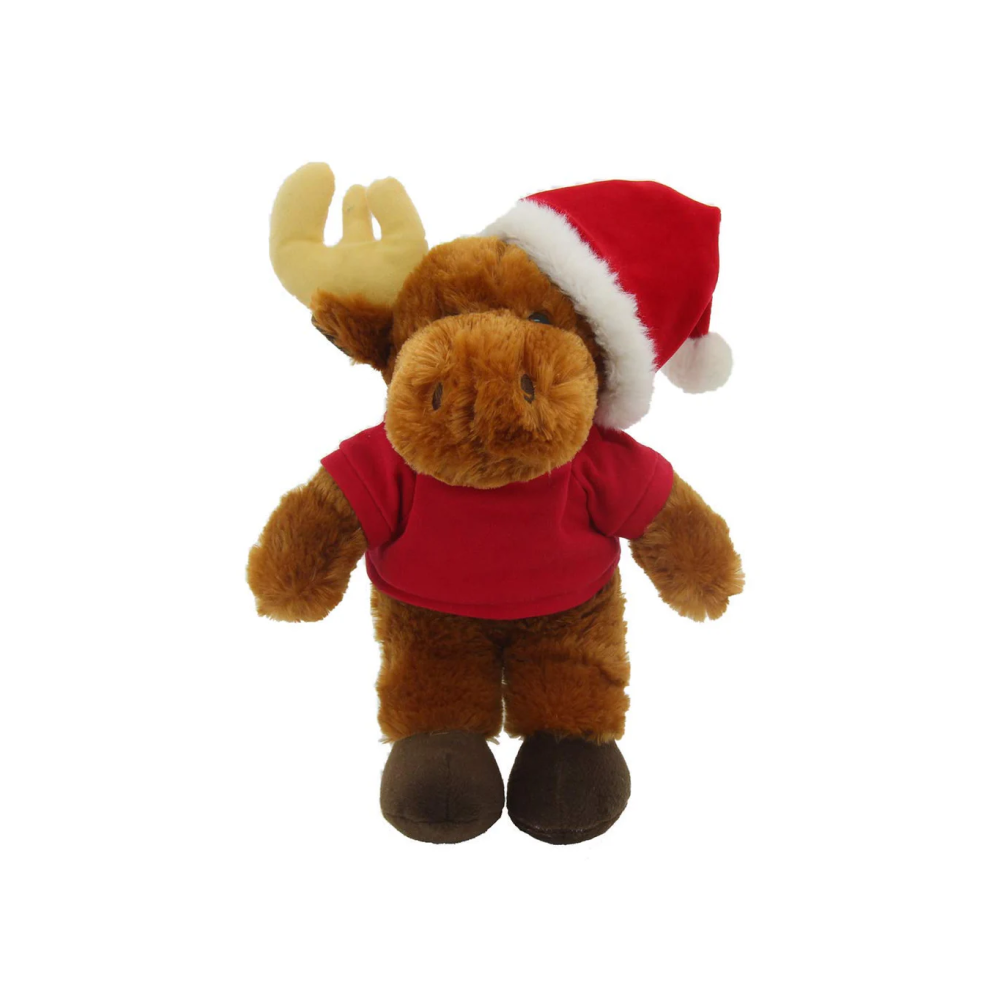 12" Standing Personalized Plush Moosa with Festive Hat and Red Shirt, Design by Plushland.