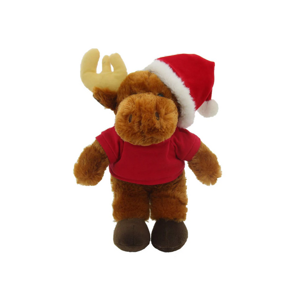 12" Standing Personalized Plush Moosa with Festive Hat and Red Shirt, Design by Plushland.