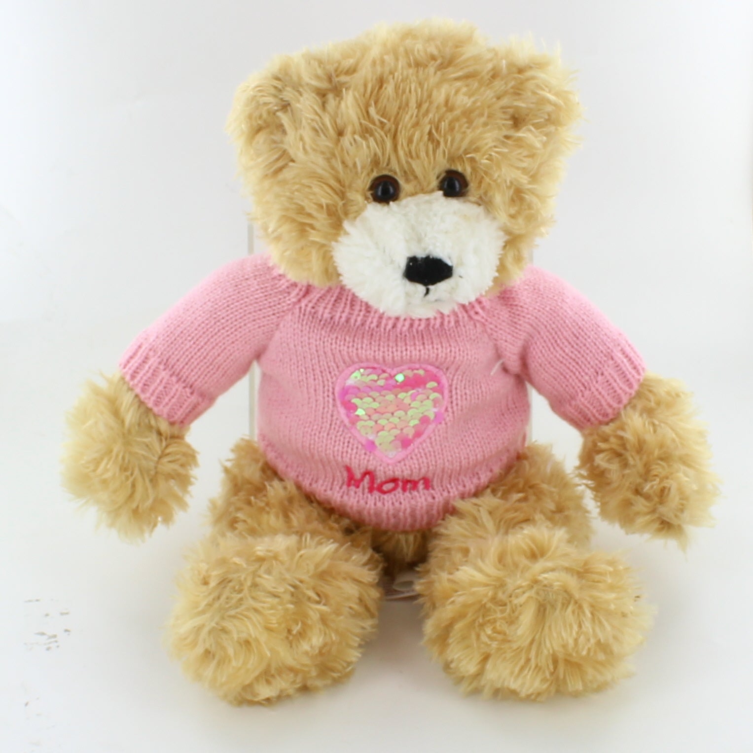 12" Brandon Mom Beige Sweater Bear, Featuring Soft and a Cozy Sweater with 'Mom' Design by Plushland.