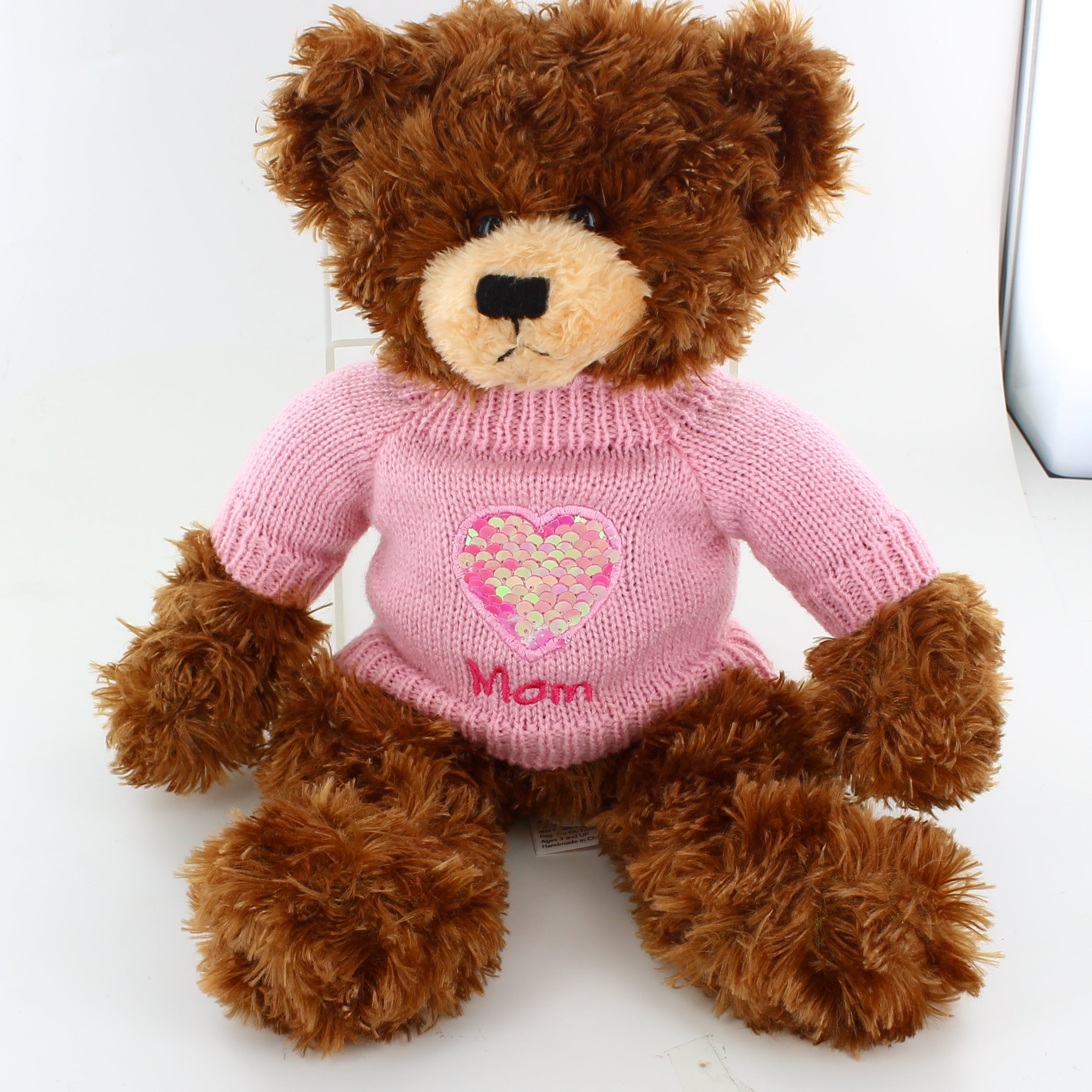 12" Brandon Mom Chocolate Sweater Bear, Featuring Soft and a Cozy Sweater with 'Mom' Design by Plushland.