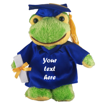 Personalized graduation frog plush wearing brown gown and graduation cap.