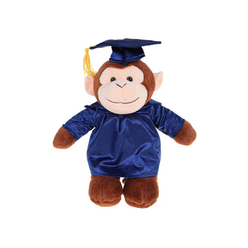 Graduation monkey plush stuffed animal wearing cap and gown.