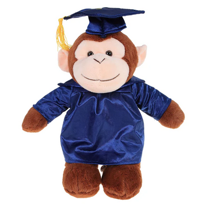 Graduation monkey plush stuffed animal wearing cap and gown.