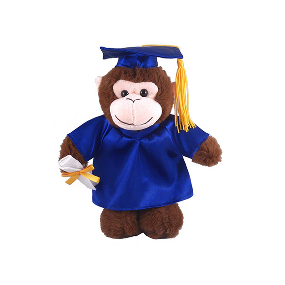 Graduation monkey plush stuffed animal wearing cap and gown.