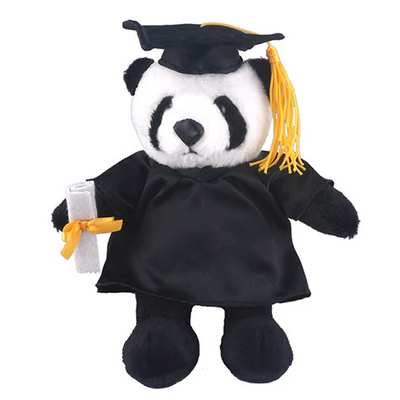 Graduation panda plush stuffed animal wearing cap and tassel.