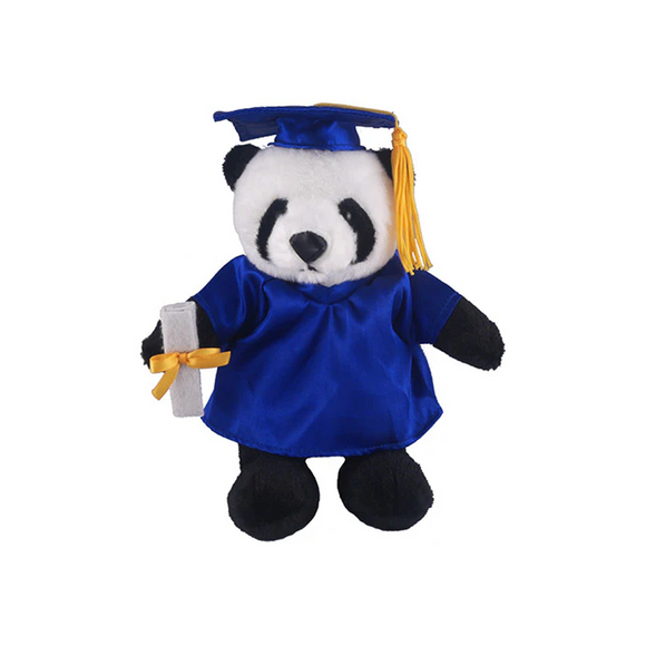 Graduation panda plush stuffed animal wearing cap and tassel.