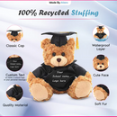 Brown graduation teddy bear wearing cap and gown with personalized name.