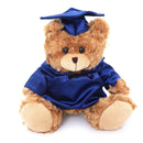 Brown graduation teddy bear wearing cap and gown with personalized name.