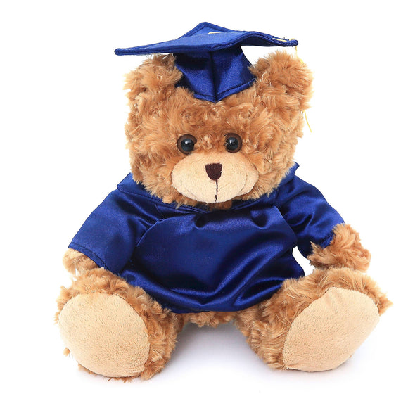Brown graduation teddy bear wearing cap and gown with personalized name.