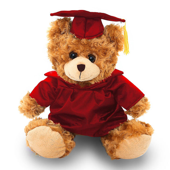 Brown graduation teddy bear wearing cap and gown with personalized name.