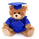 Brown graduation teddy bear wearing cap and gown with personalized name.