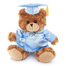 Brown graduation teddy bear wearing cap and gown with personalized name.