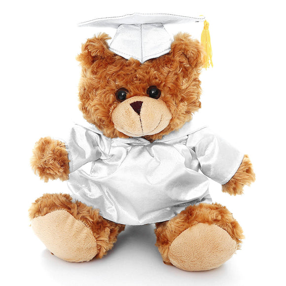 Brown graduation teddy bear wearing cap and gown with personalized name.