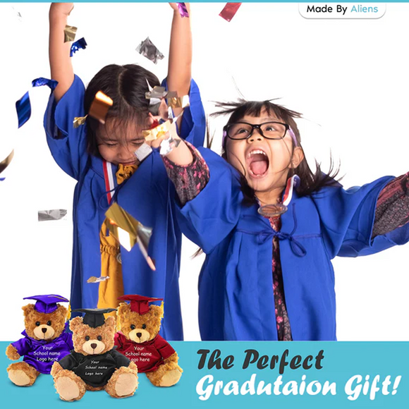 Brown graduation teddy bear wearing cap and gown with personalized name.