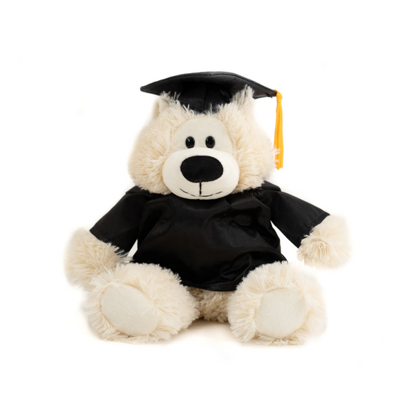Brown personalized graduation teddy bear wearing custom gown and cap.