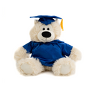 Brown personalized graduation teddy bear wearing custom gown and cap.
