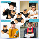 Brown graduation teddy bear wearing cap and gown with personalized name.
