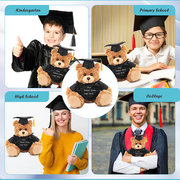 Brown graduation teddy bear wearing cap and gown with personalized name.
