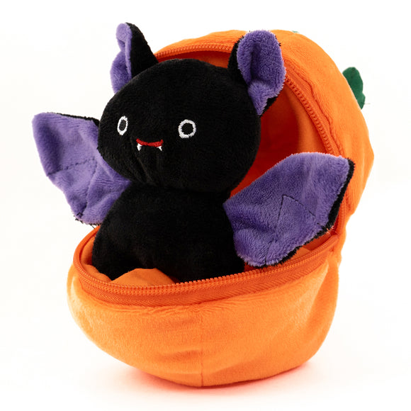 Halloween Bat Stuffed Animal 6" tucked inside a pumpkin zip-up plush