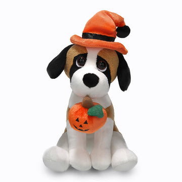 Halloween Beagle Plush dog sitting upright with a pumpkin and witch costume