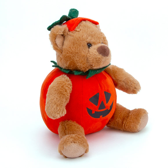 Side view of Halloween Bear Stuffed Animal wearing a pumpkin costume