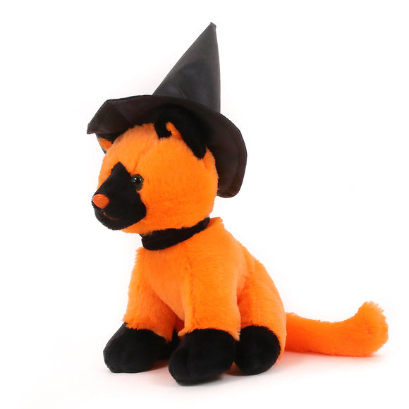 Halloween Black Cat Plush 7" with a witch hat shown in a three-quarter view