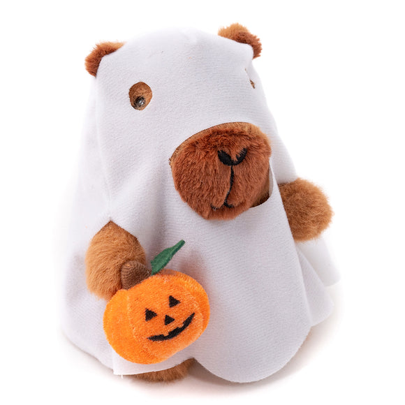 Halloween Capybara Stuffed Animal wearing a ghost costume with a pumpkin treat bag