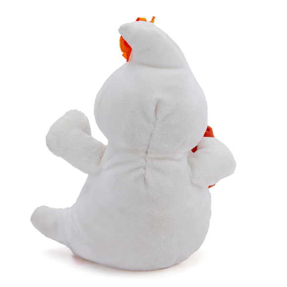 Side view of Halloween Cute Ghost Plush holding a pumpkin treat bag