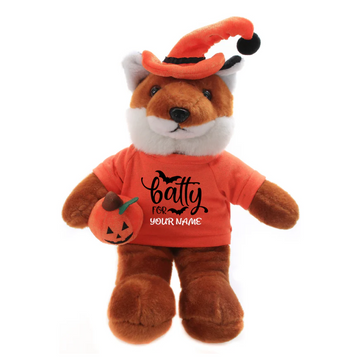 Halloween Fox Plush Toy 12" in a front-facing pose wearing a Halloween T-shirt, festive hat, and holding a pumpkin treat bag