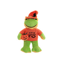 Halloween Frog Plush 12" in a front-facing pose wearing a Halloween T-shirt, festive hat, and holding a pumpkin treat bag