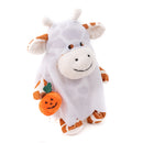 Side view of Halloween Ghost Giraffe Plush holding a pumpkin treat bag