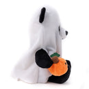 Side view of Halloween Ghost Panda Plush holding a pumpkin treat bag