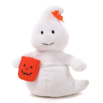 Halloween Ghost Stuffed Animal holding a pumpkin treat bag in a front-facing pose