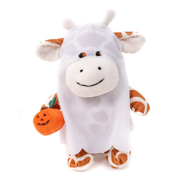 Halloween Giraffe Plush in a ghost outfit holding a pumpkin treat bag in a front-facing pose