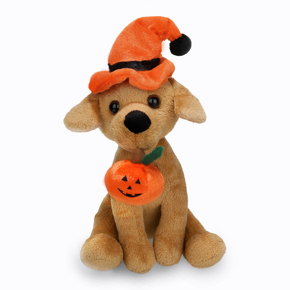 Halloween Labrador Plush dressed in a festive witch hat and pumpkin decoration