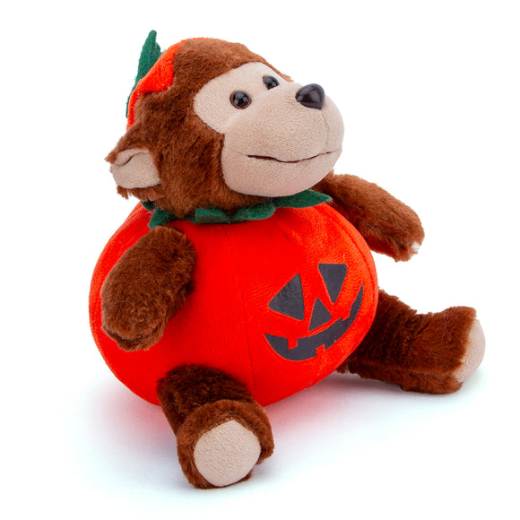 Side view of Halloween Monkey Stuffed Animal wearing a pumpkin costume