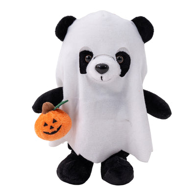 Halloween Panda Plush in a ghost outfit holding a pumpkin treat bag in a front-facing pose