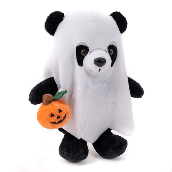 Halloween Panda Stuffed Animal wearing a ghost costume with a pumpkin treat bag