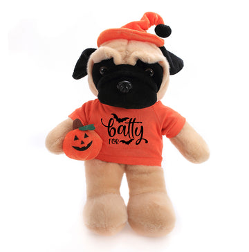 Halloween Pug Plush Floppy 12" in a front-facing pose wearing a Halloween t-shirt and hat while holding a pumpkin treat bag