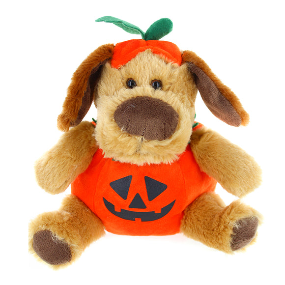 Halloween Pumpkin Dog Plush 9" wearing a pumpkin costume in a front-facing pose
