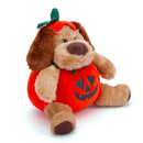 Halloween Pumpkin Dog Plush 9" side view with a festive pumpkin outfit