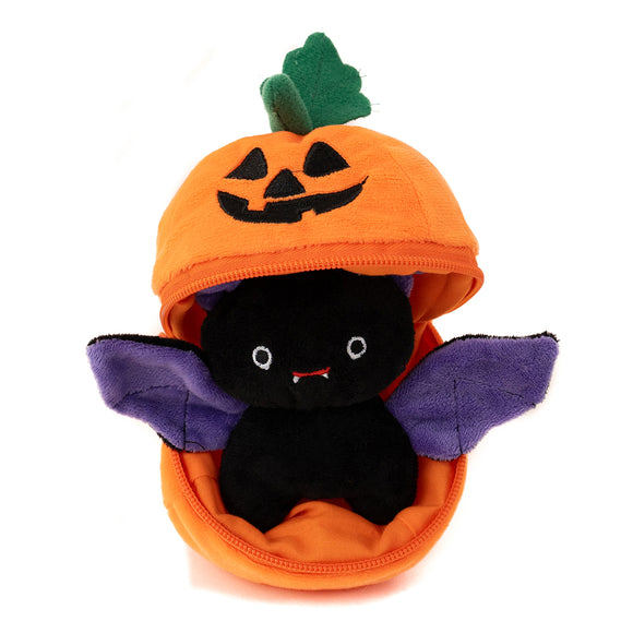 Halloween Pumpkin Zip Up Bat Plush 6" in a front-facing pose inside a pumpkin pouch